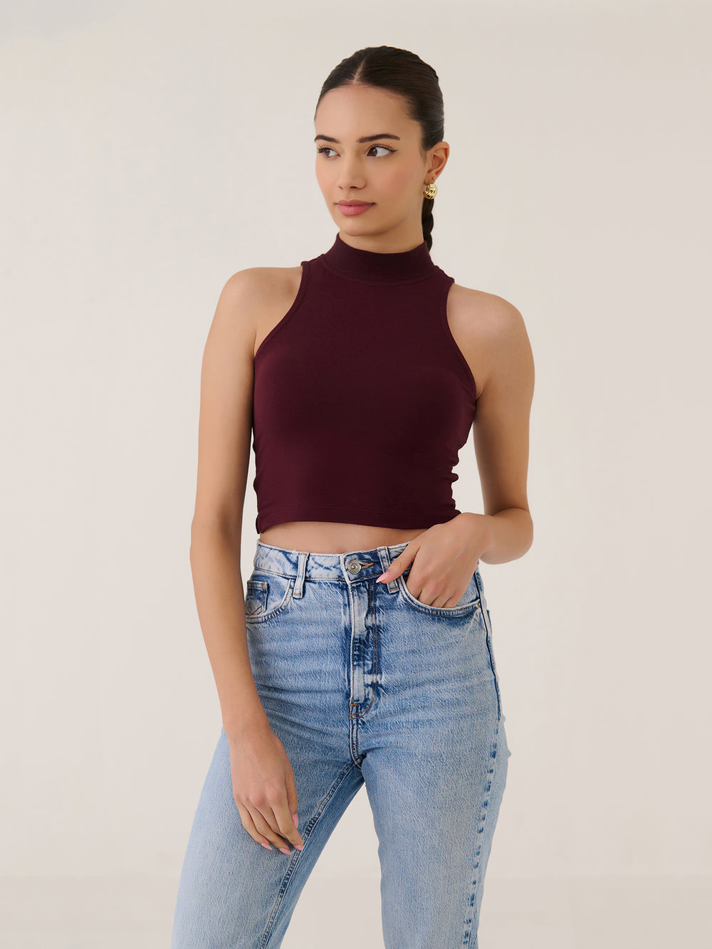 High Neck Cropped Tank in Wine - front view on model