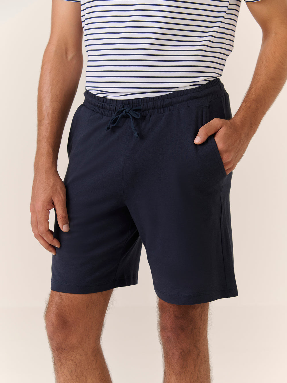 Sleep Shorts in Navy - front view on model