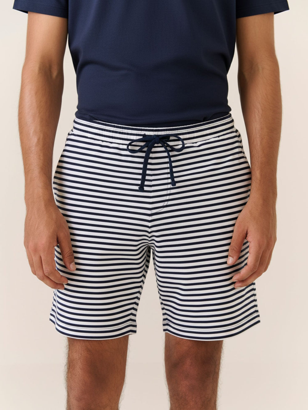 Sleep Shorts in Navy Stripe - front view on model