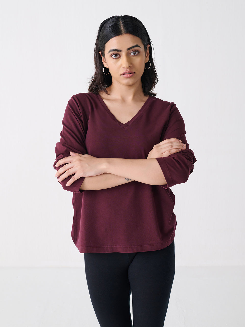 V Neck Long Sleeve in Wine - front view on model