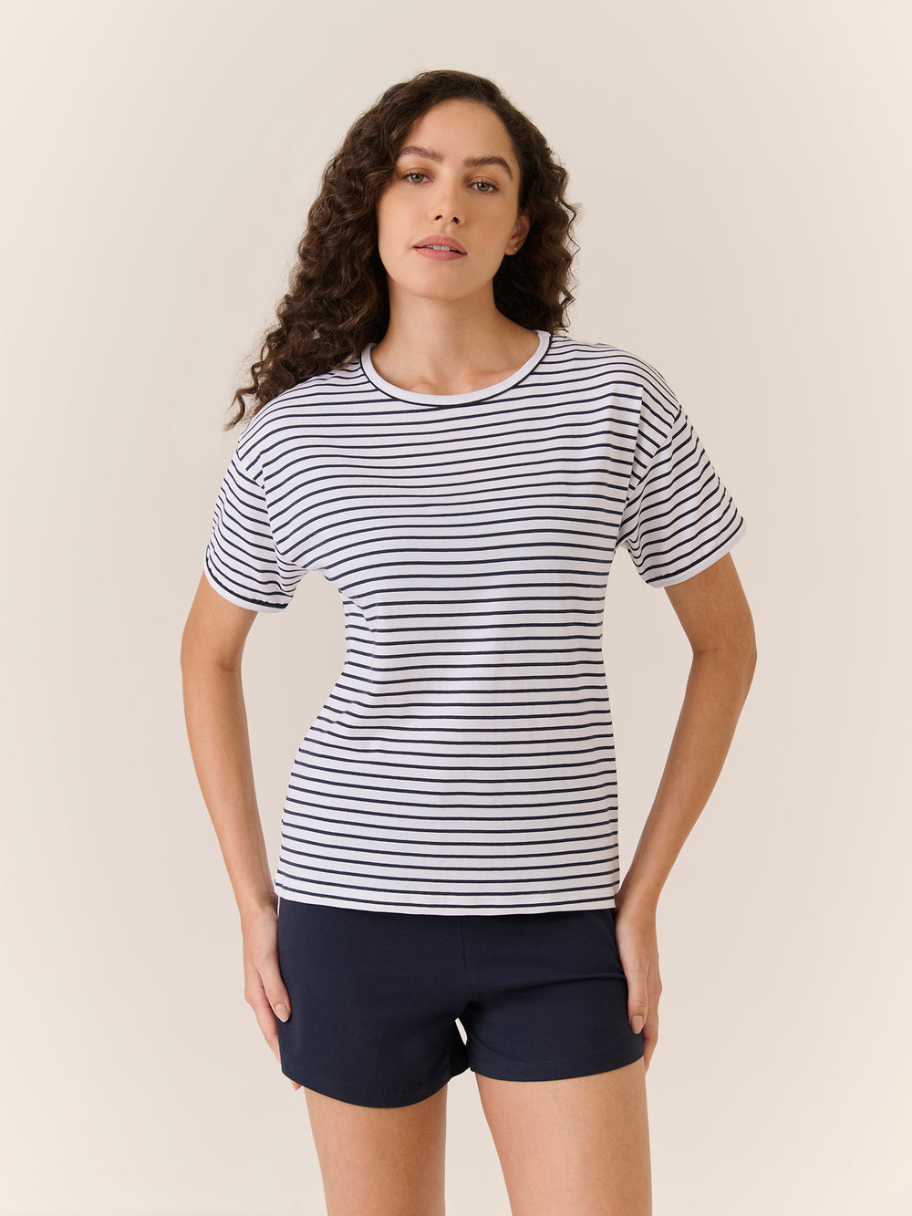Sleep Tee - Short Sleeve in Navy Stripe - front view on model
