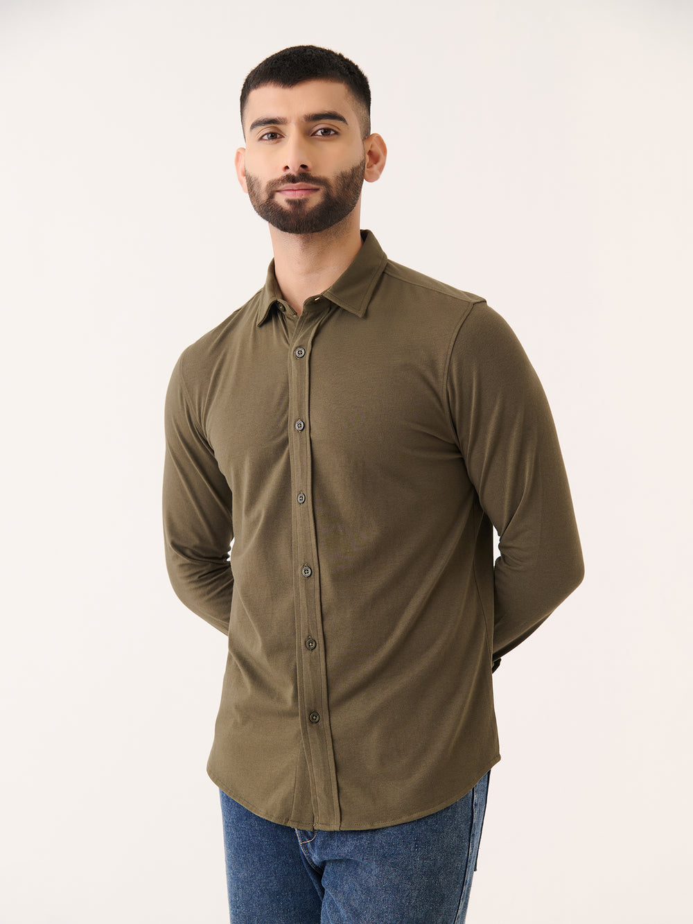 Long Sleeve Button Down in Olive - front view on model