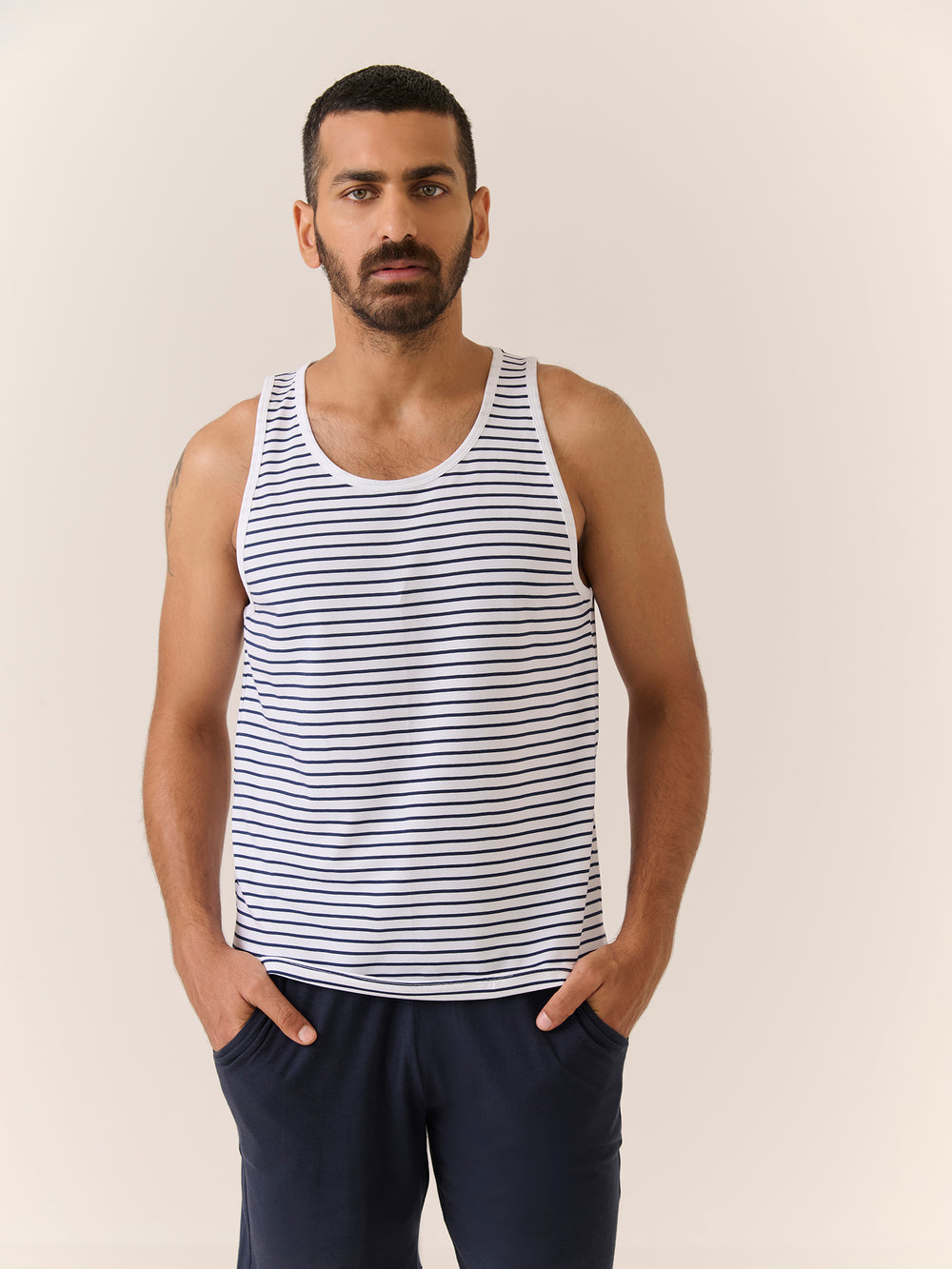 Sleep Tank in Navy Stripe - front view on model