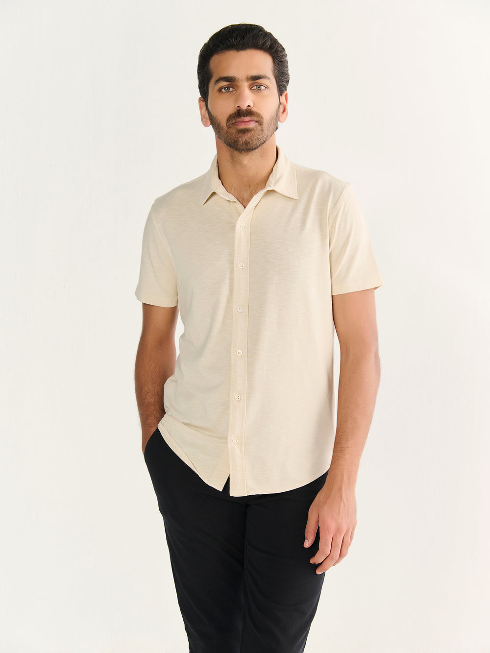 Textured Slub Short Sleeve Button Down in Beige - front view on model