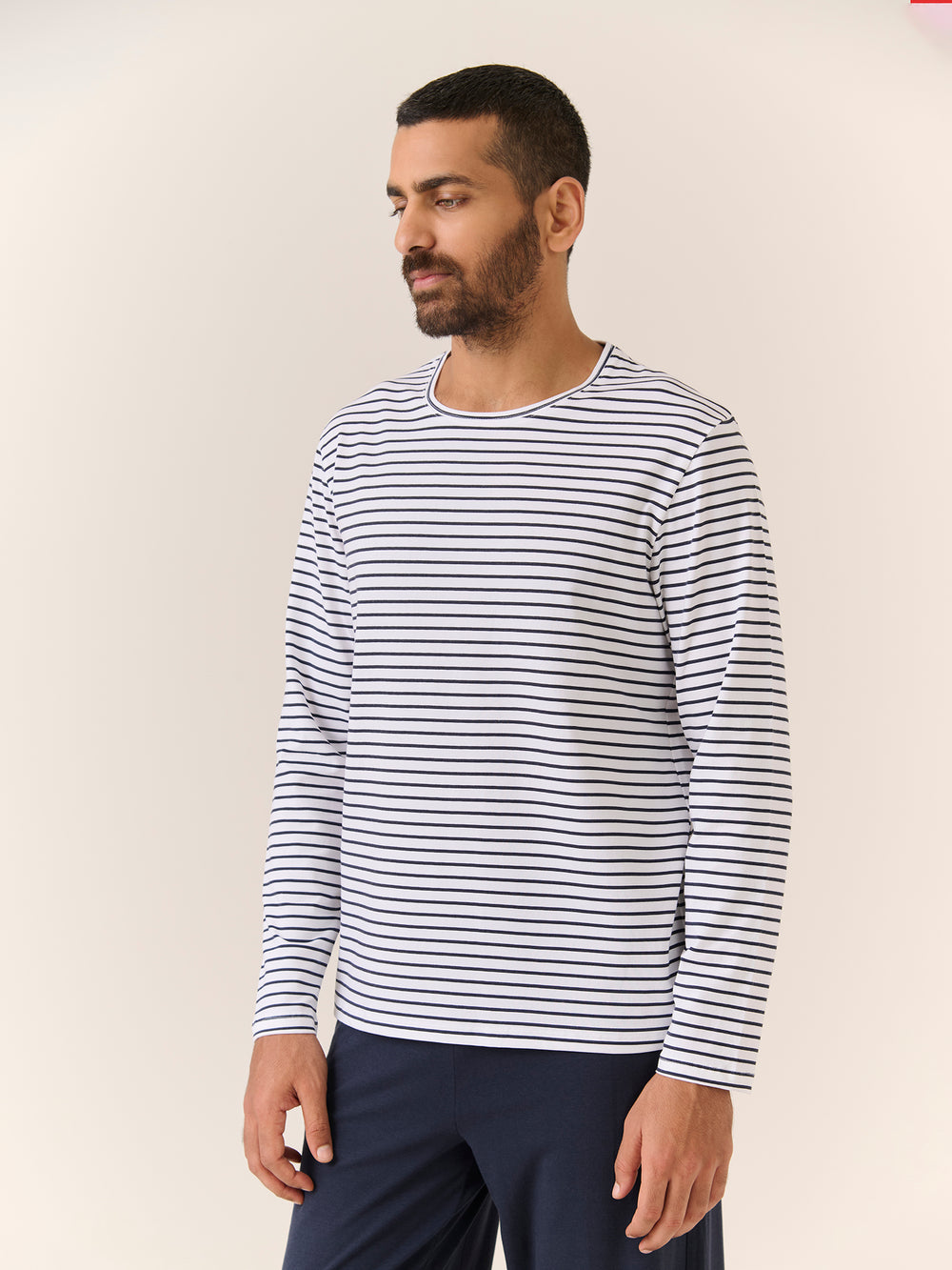 Sleep Tee - Long Sleeve in Navy Stripe - front view on model