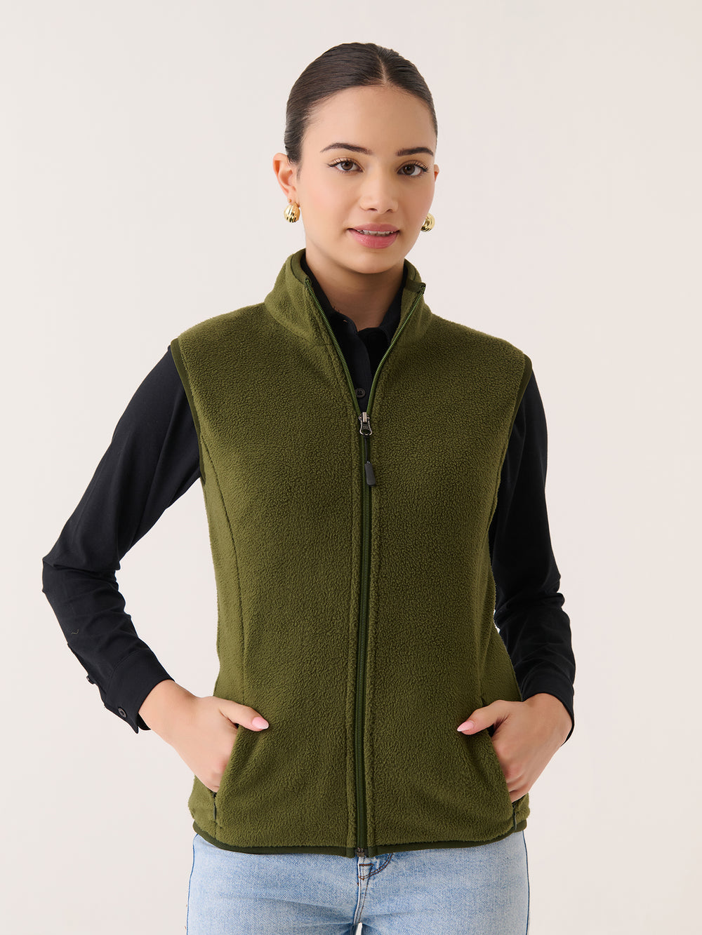 Polar Fleece Sleeveless Jacket in Olive - front view on model