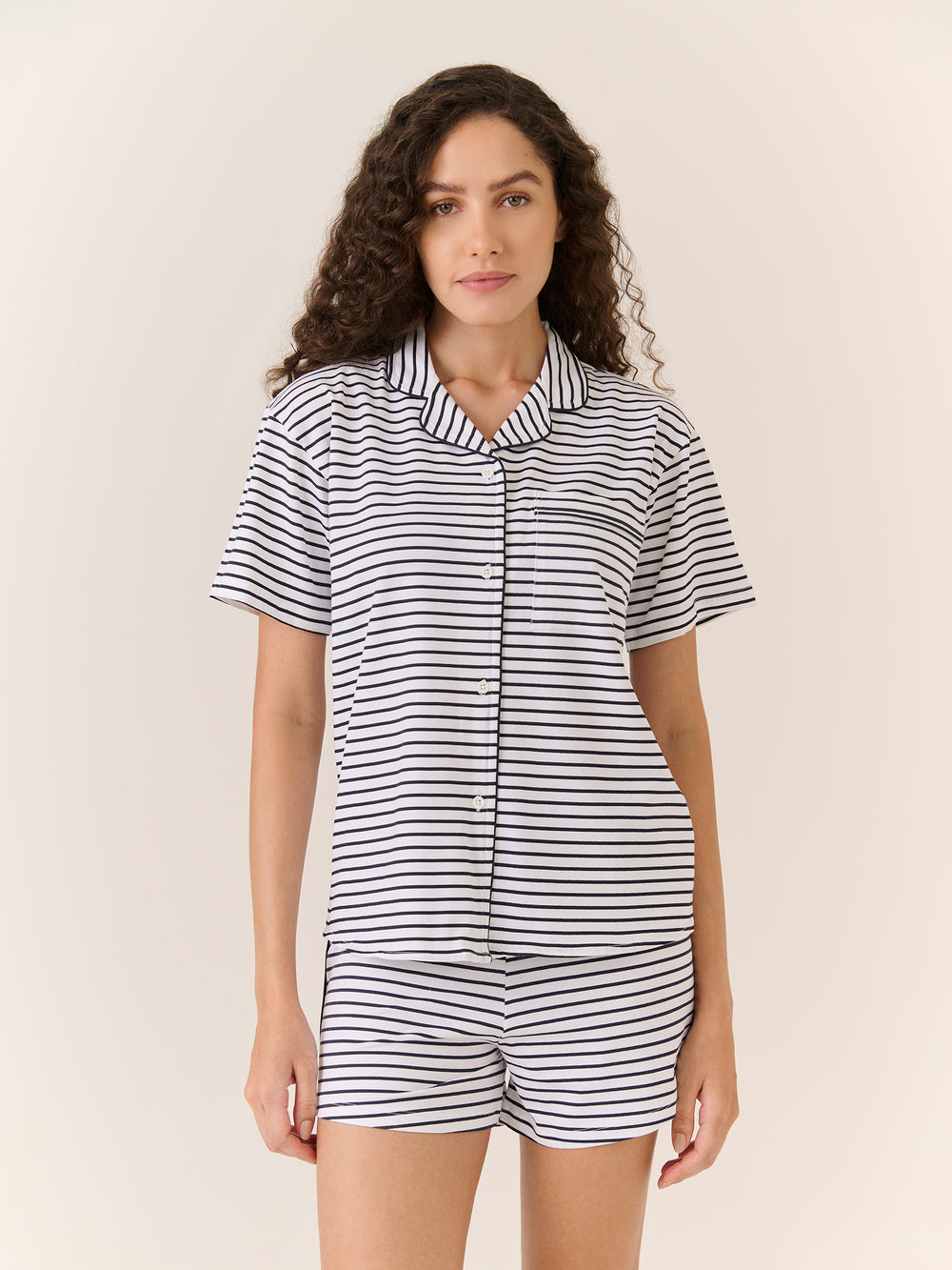 Sleep Shirt - Short Sleeve in Navy Stripe - front view on model