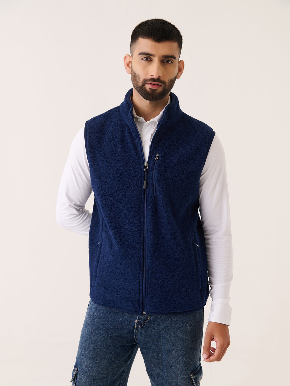 Polar Fleece Sleeveless Jacket in Navy - front view on model