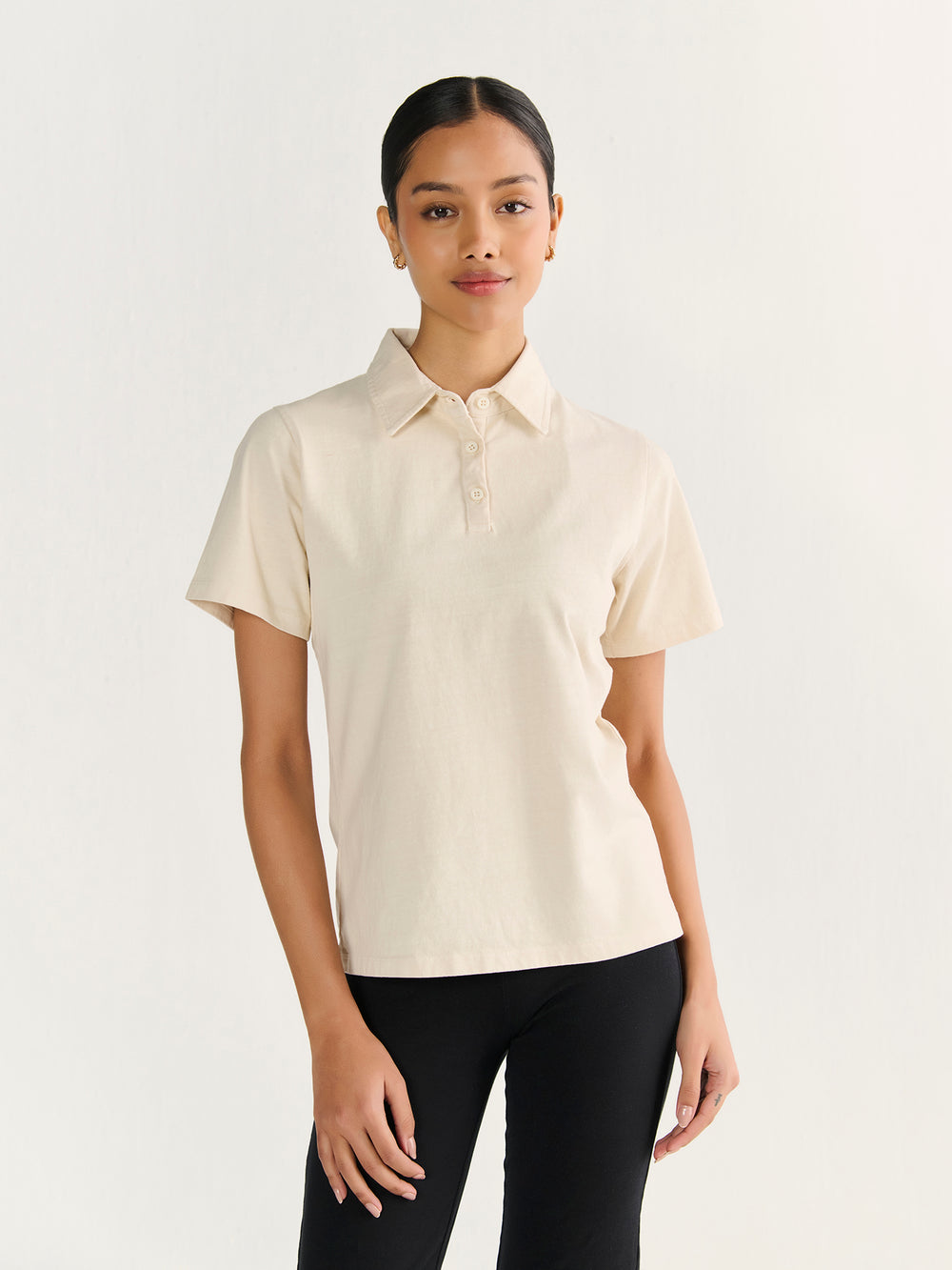 Heavy Short Sleeve Polo in Beige - front view on model