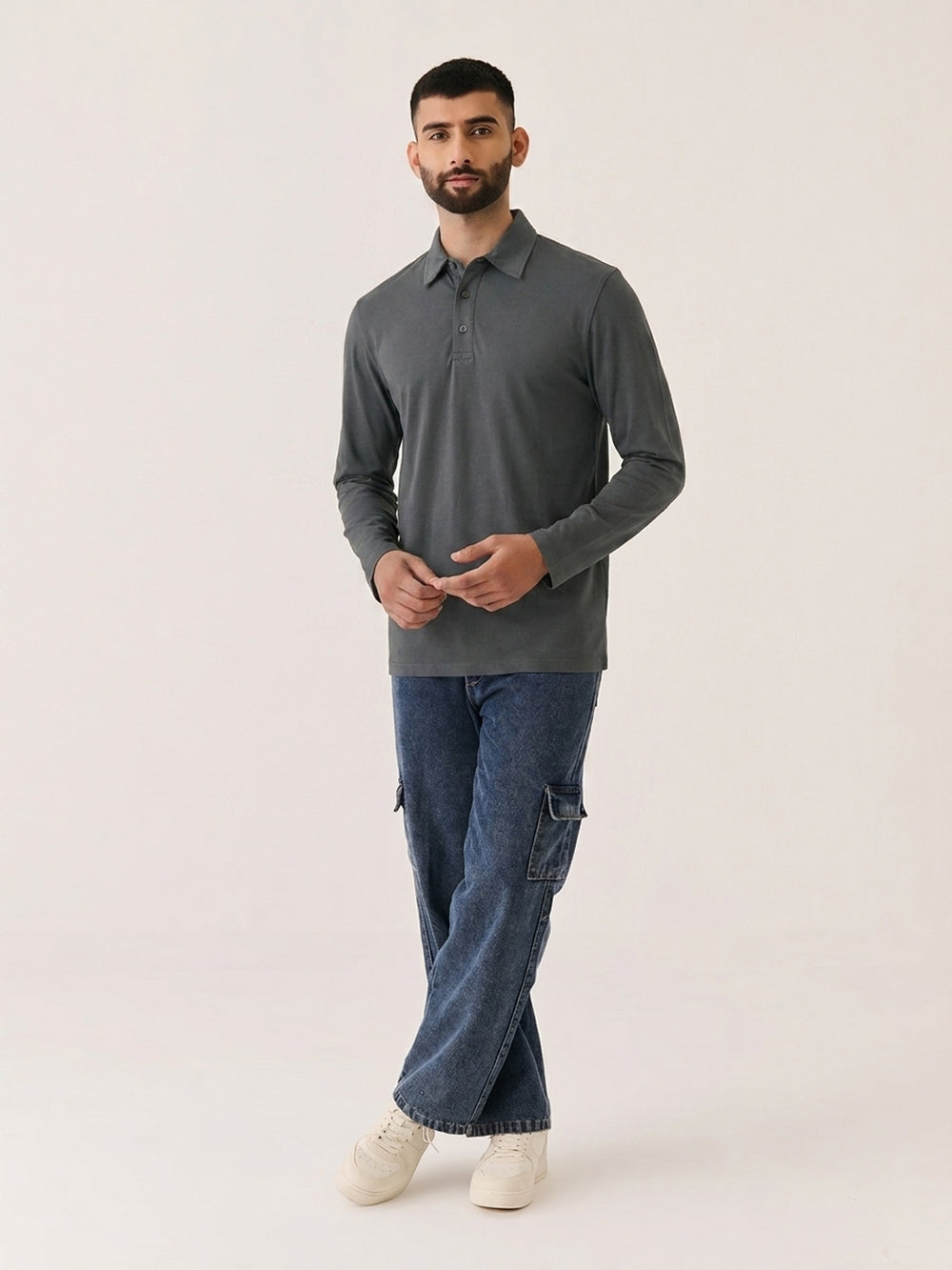 Long Sleeve Polo in Charcoal - front view on model