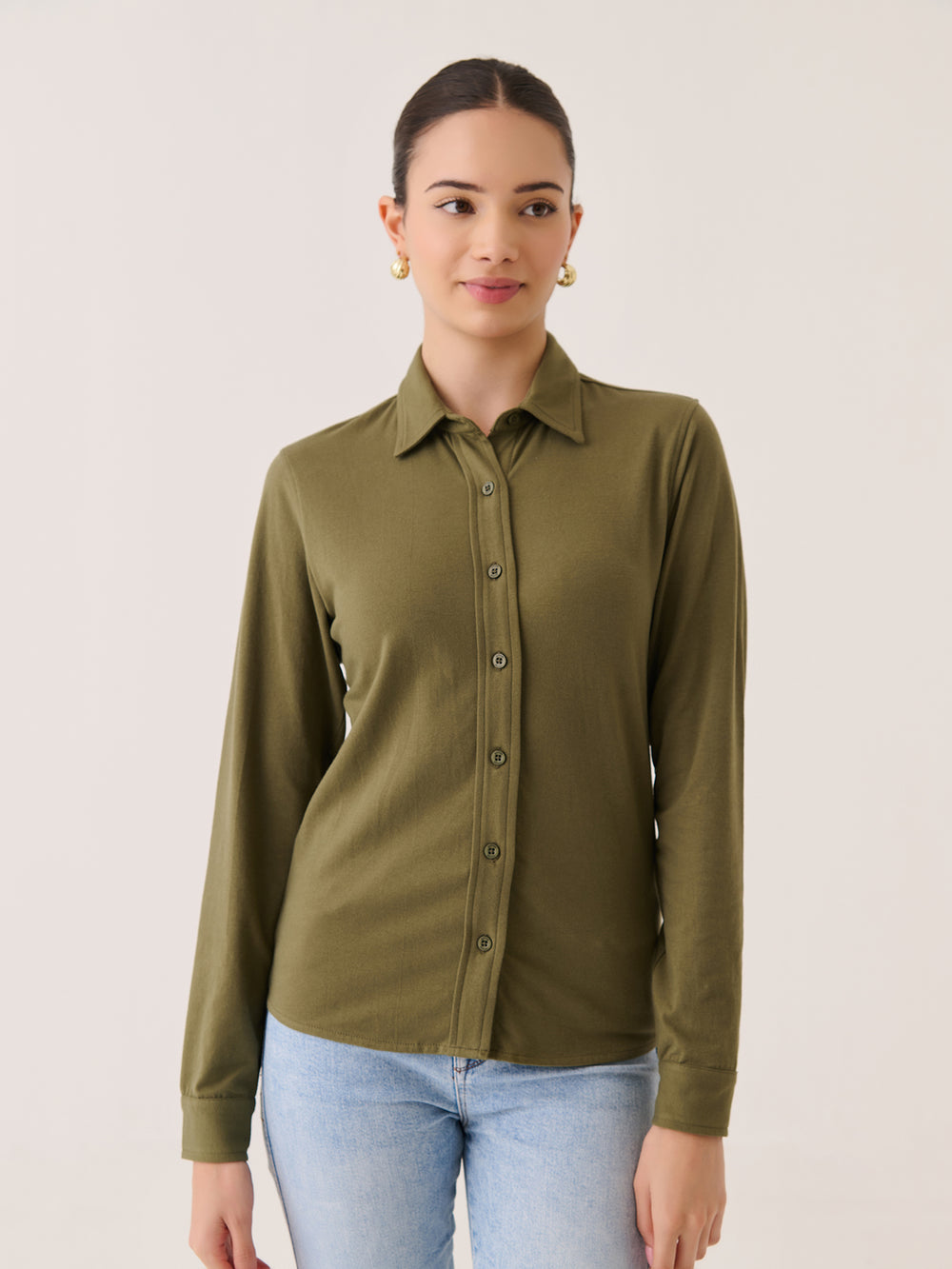 Long Sleeve Button Down in Olive - front view on model