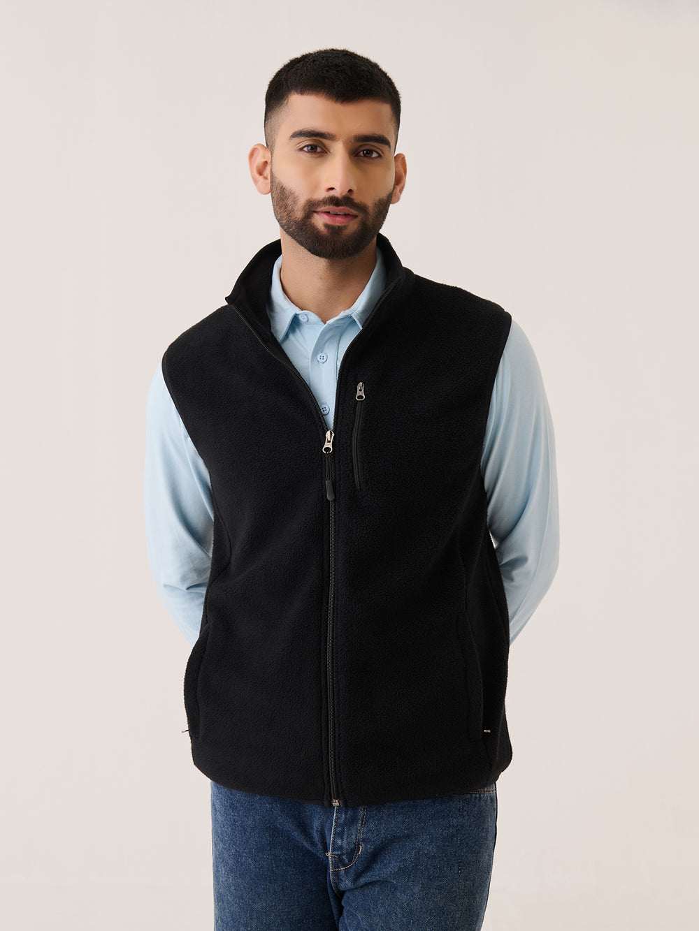 Polar Fleece Sleeveless Jacket in Black - front view on model