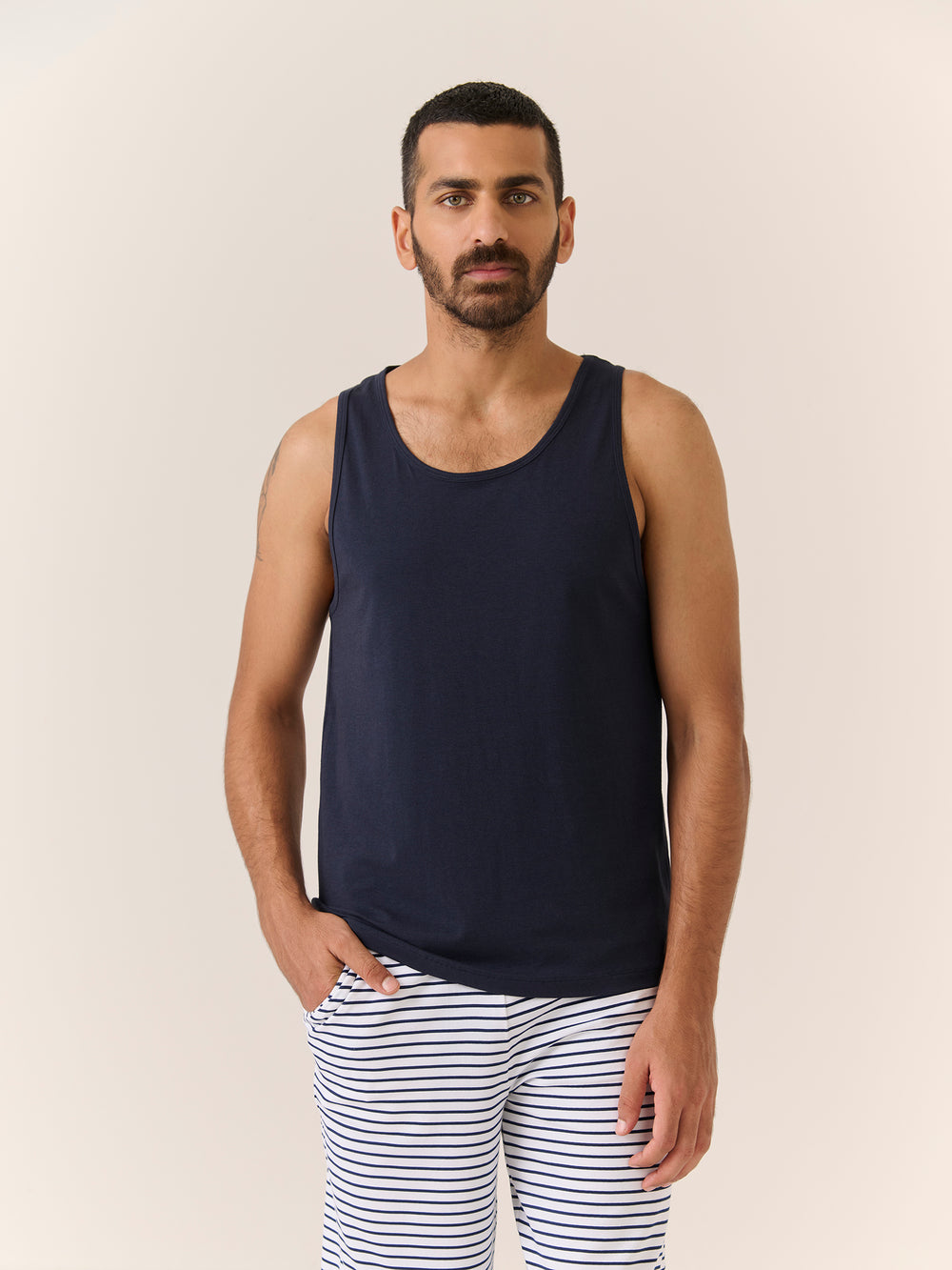 Sleep Tank in Navy - front view on model