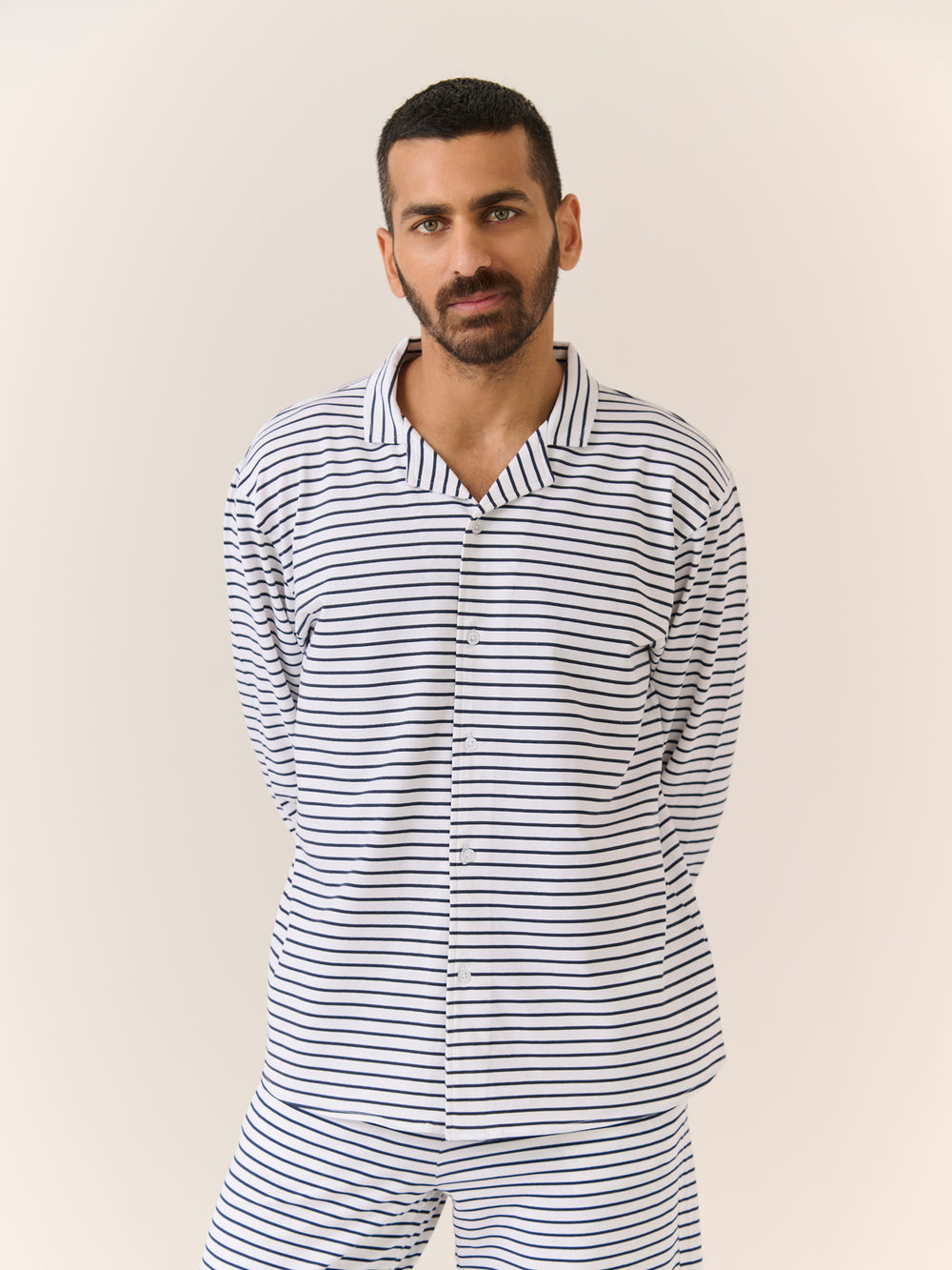 Sleep Shirt - Long Sleeve in Navy Stripe - front view on model