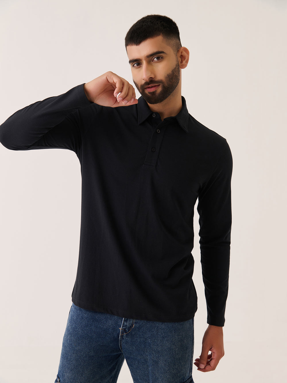 Long Sleeve Polo in Black - front view on model