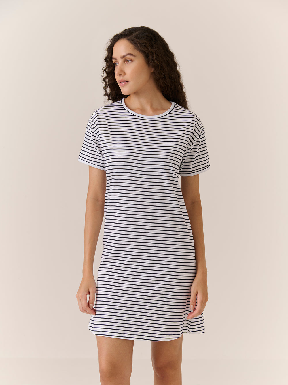 Sleep Dress - Short Sleeve in Navy Stripe - front view on model