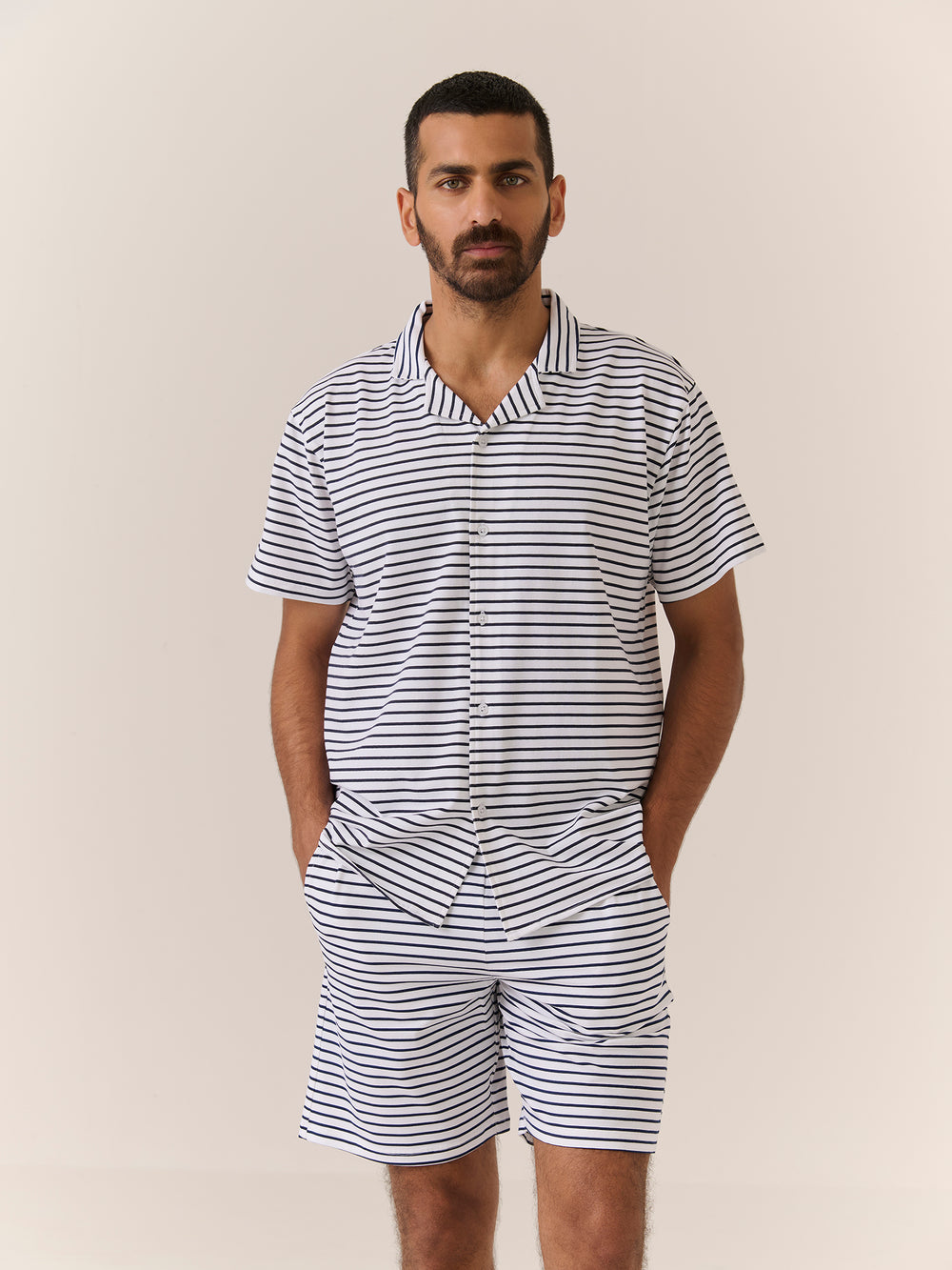 Sleep Shirt - Short Sleeve in Navy Stripe - front view on model