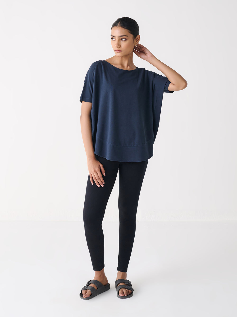 Flowy Fit Top in Navy - front view on model