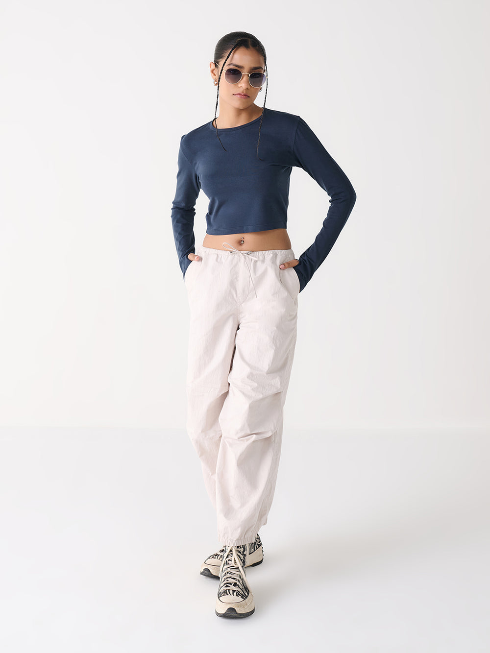 Long Sleeve Crop in Navy - front view on model