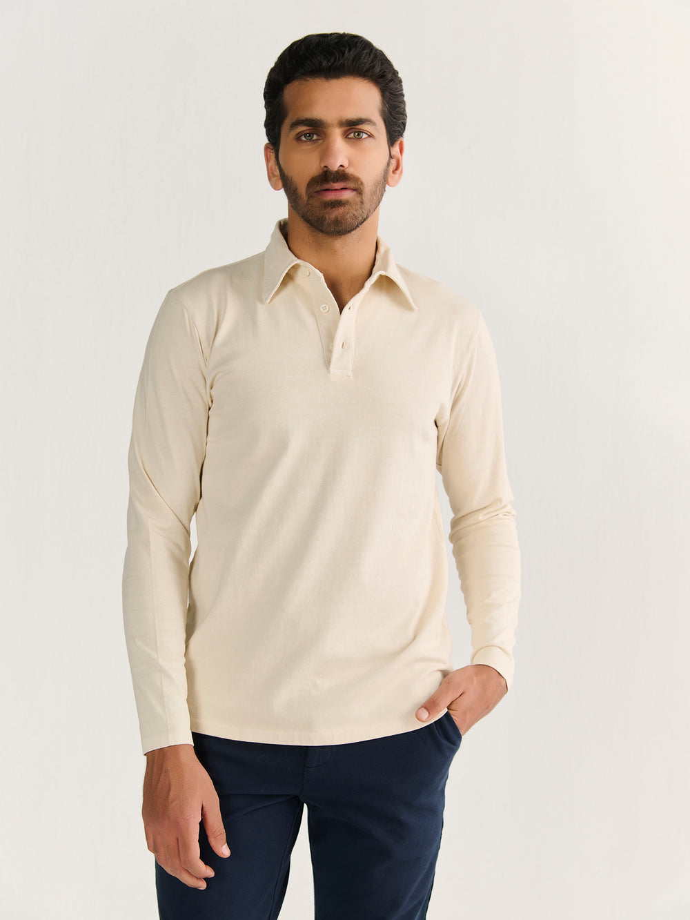 Heavy Long Sleeve Polo in Beige - front view on model
