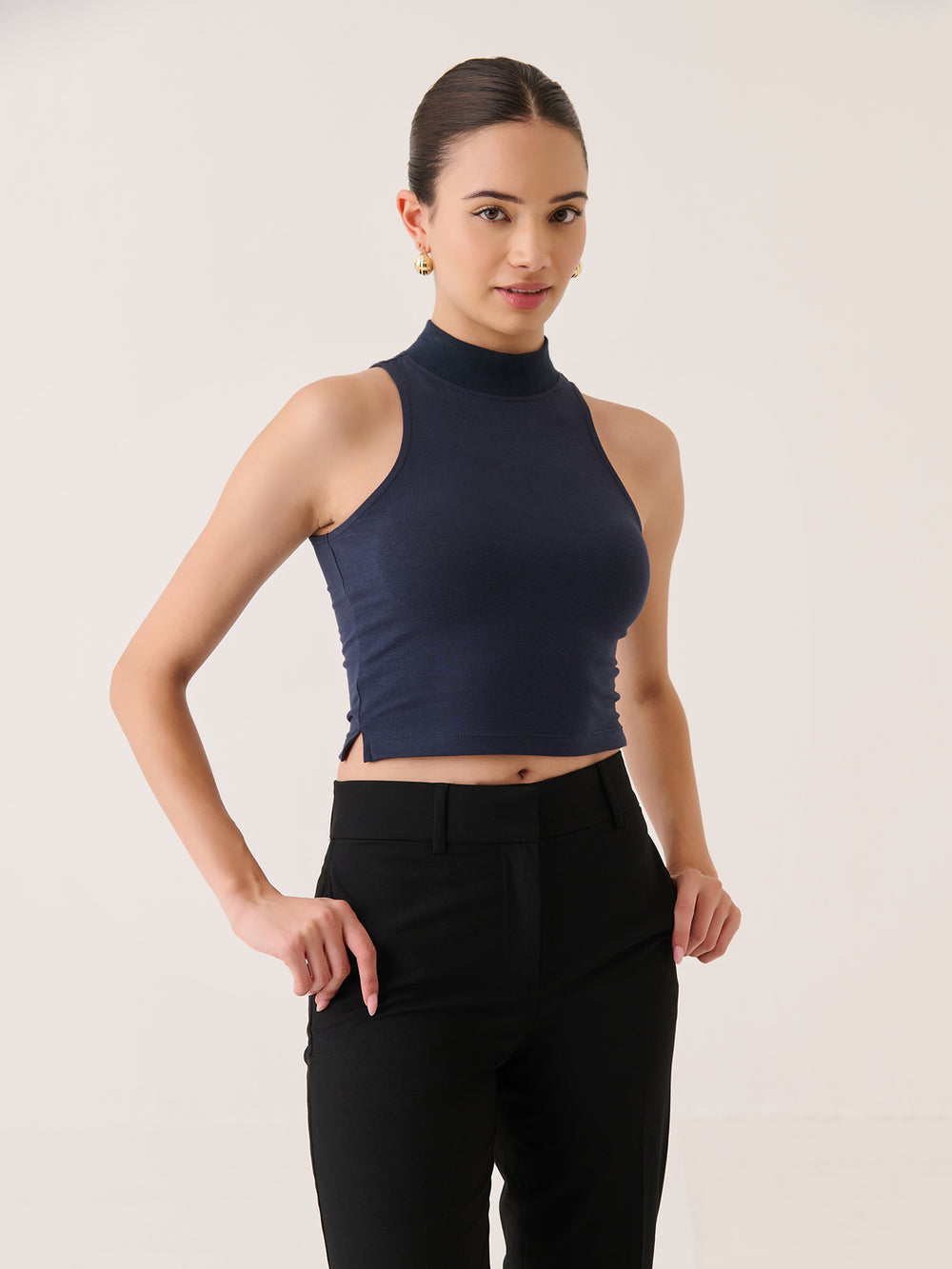 High Neck Cropped Tank in Navy - front view on model