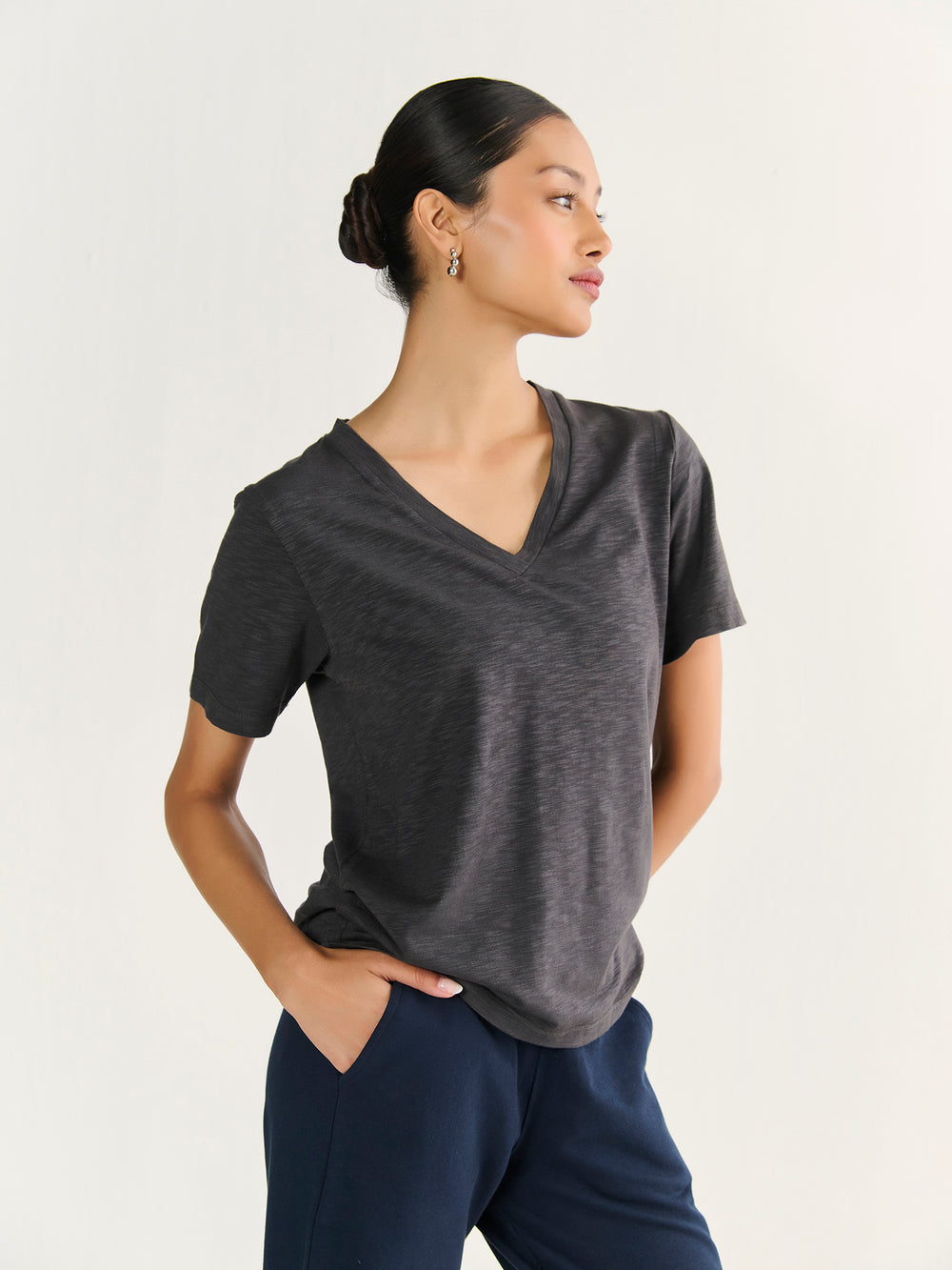 Textured Slub V Neck Short Sleeve in Charcoal - front view on model