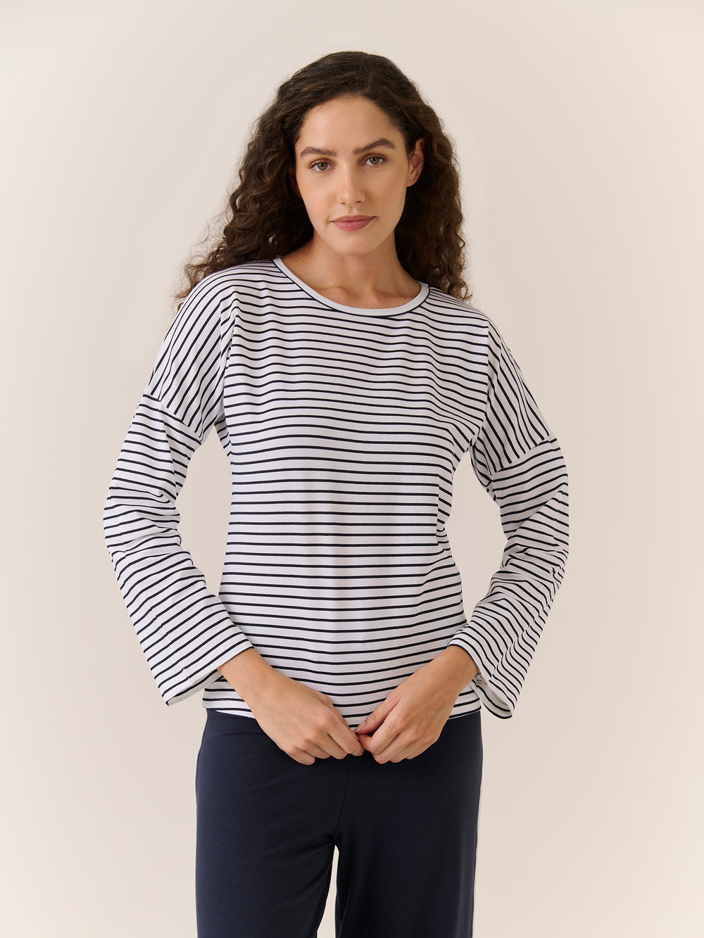 Sleep Tee - Long Sleeve in Navy Stripe - front view on model