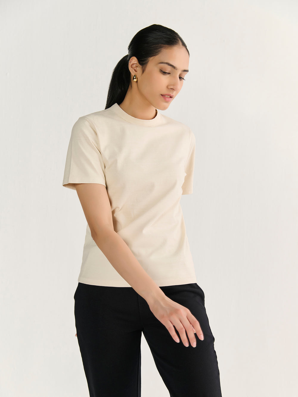 Heavy Short Sleeve Tee in Beige - front view on model
