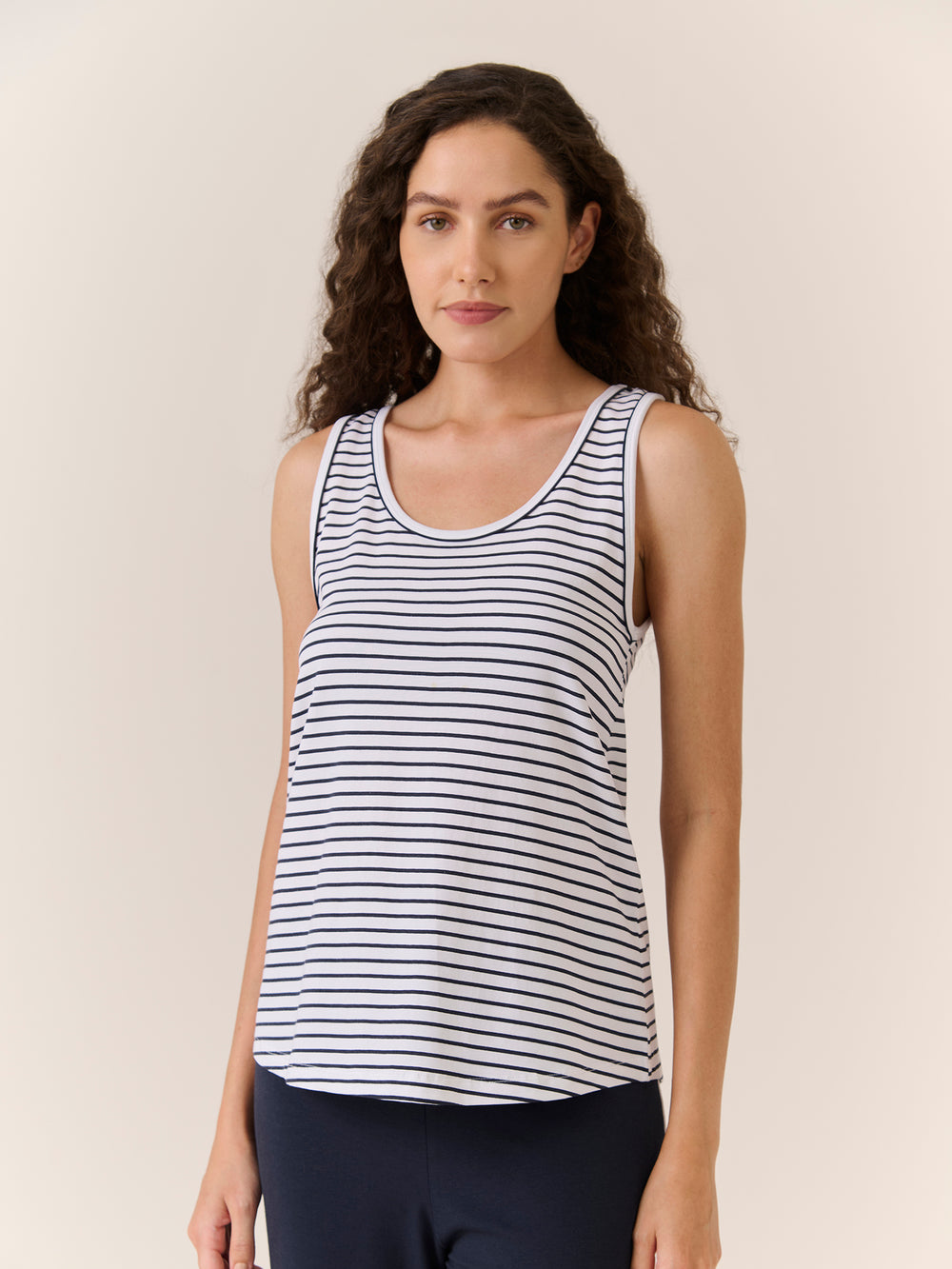 Sleep Tank in Navy Stripe - front view on model