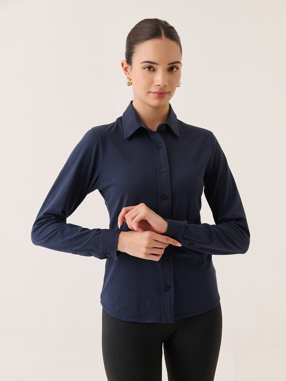 Long Sleeve Button Down in Navy - front view on model