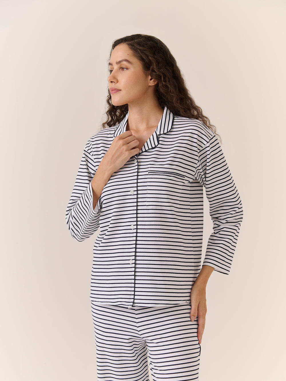 Sleep Shirt - Long Sleeve in Navy Stripe - front view on model
