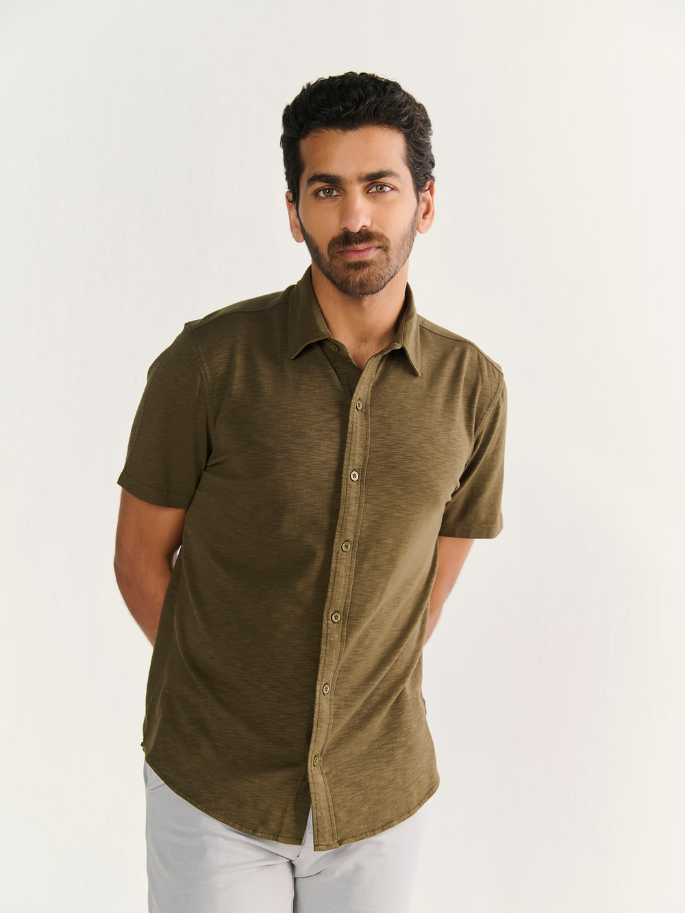 Textured Slub Short Sleeve Button Down in Olive - front view on model