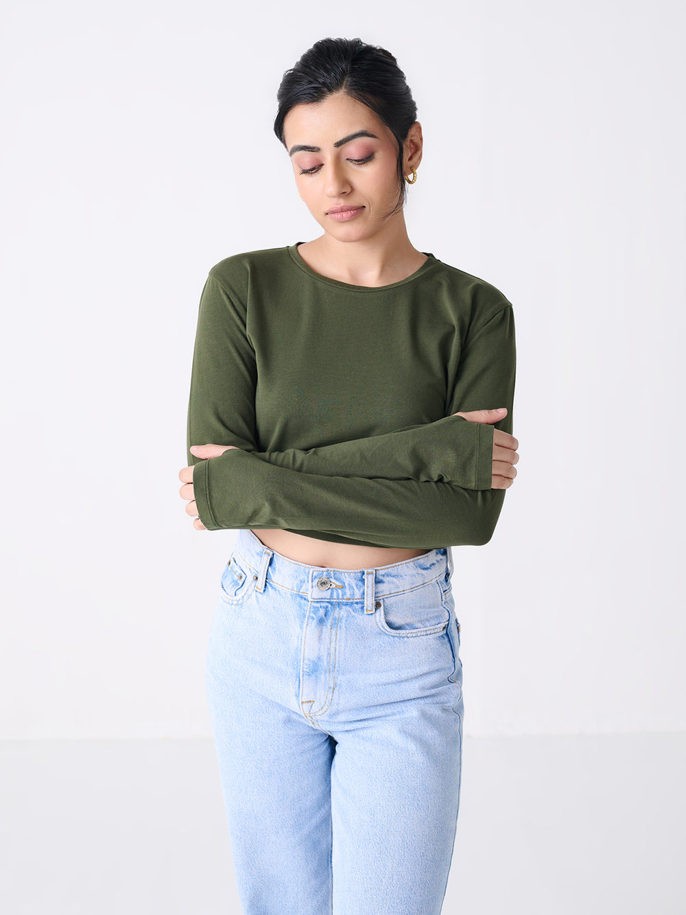Long Sleeve Crop in Olive - front view on model