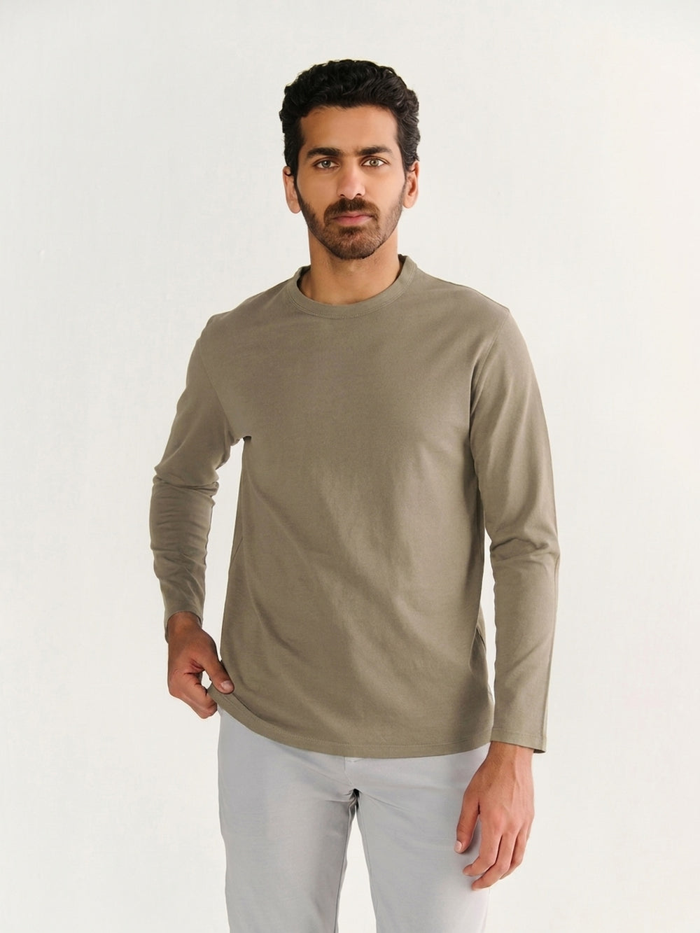 Heavy Long Sleeve Tee in Vintage Khaki - front view on model