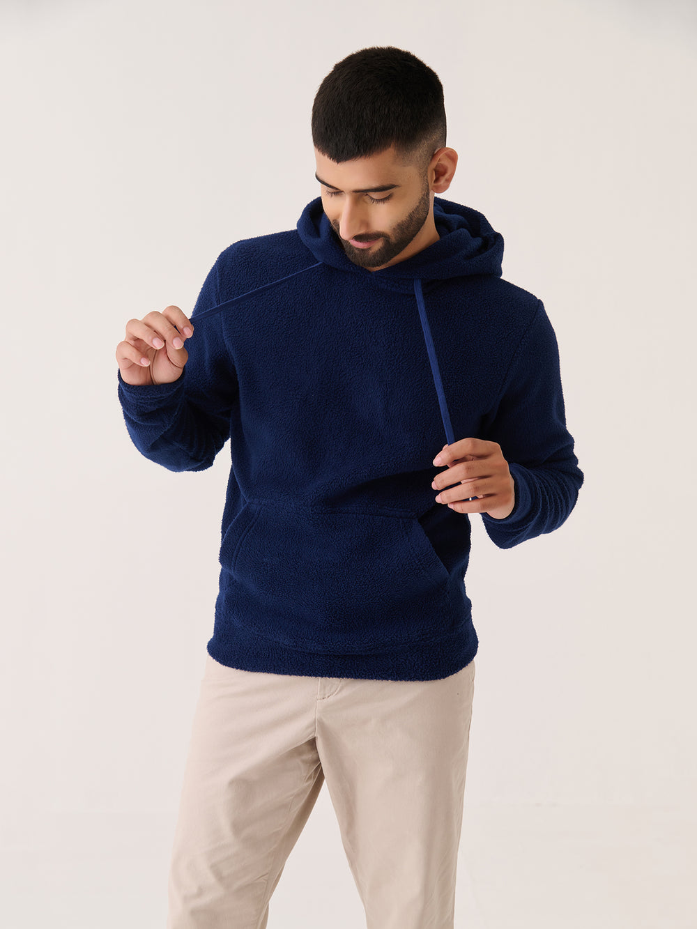 Polar Fleece Hoodie in Navy - front view on model