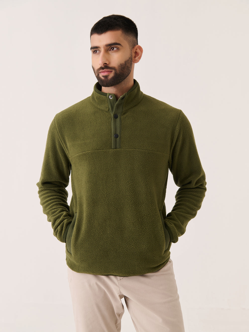 Polar Fleece Pullover in Olive - front view on model