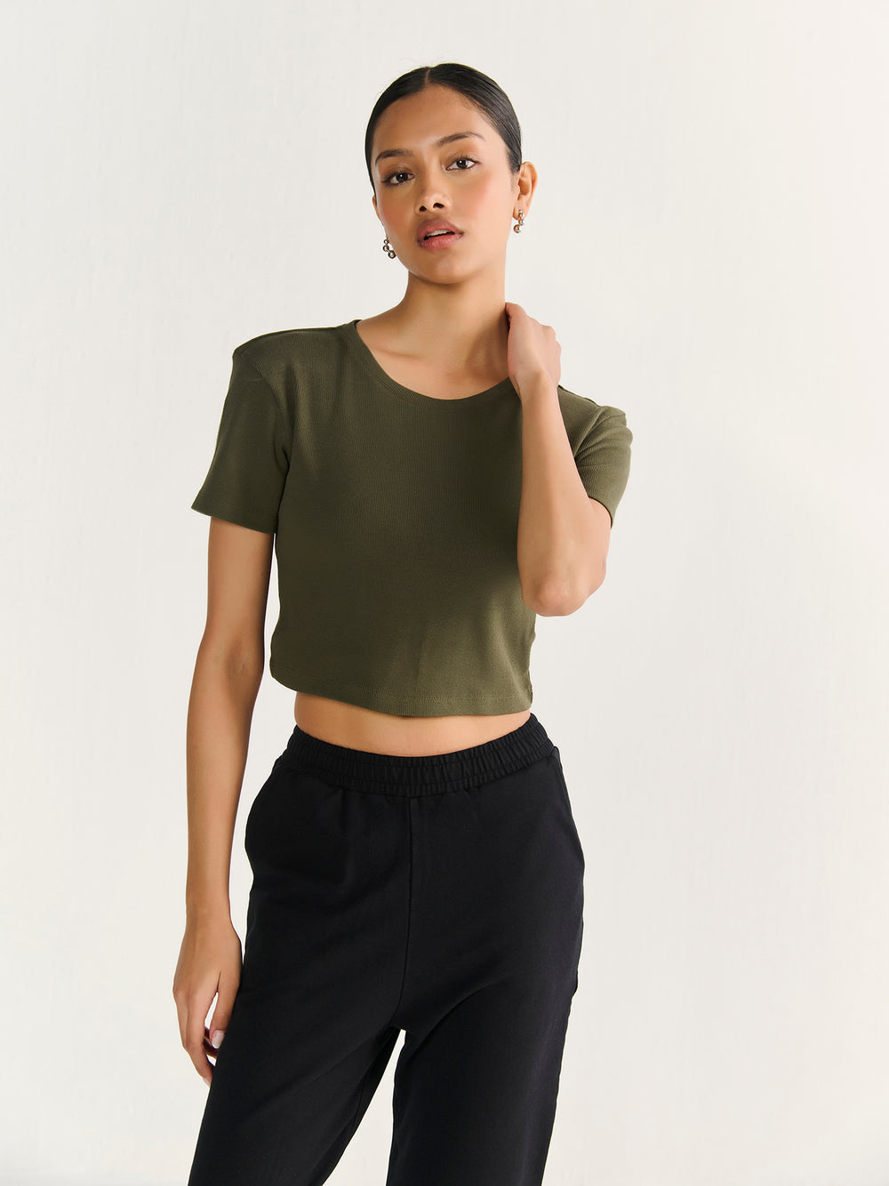 Rib Crop Tee in Olive - front view on model