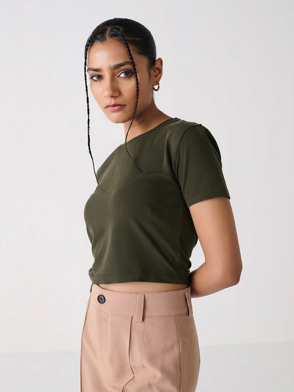 Short Sleeve Crop in Olive - styled outfit on model