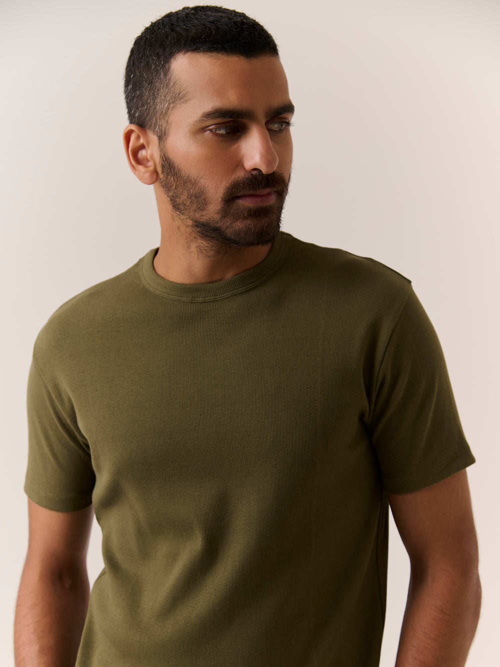 Rib Tee in Olive - front view on model
