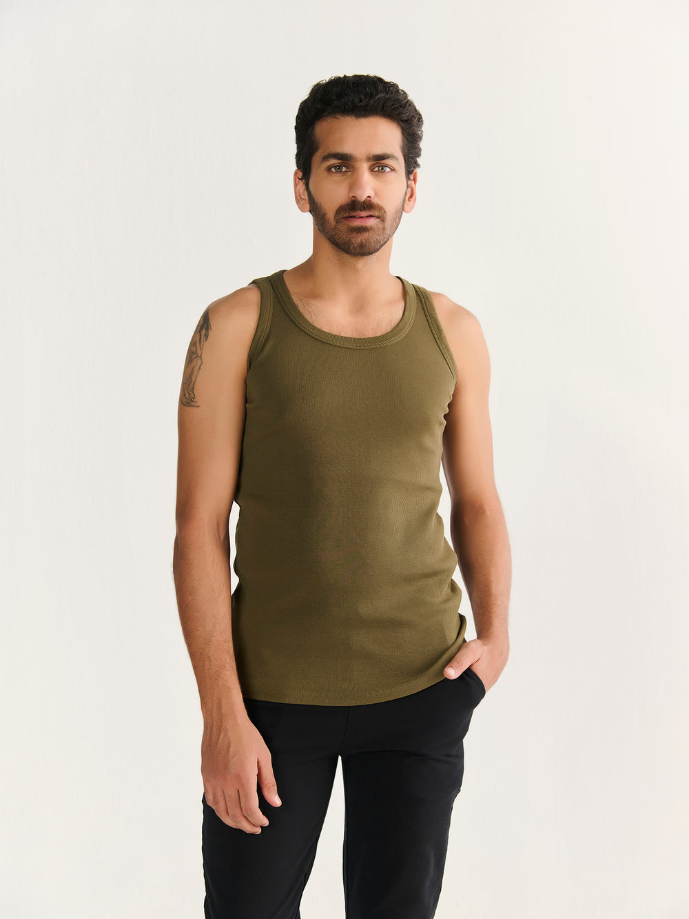 Rib Tank in Olive - front view on model