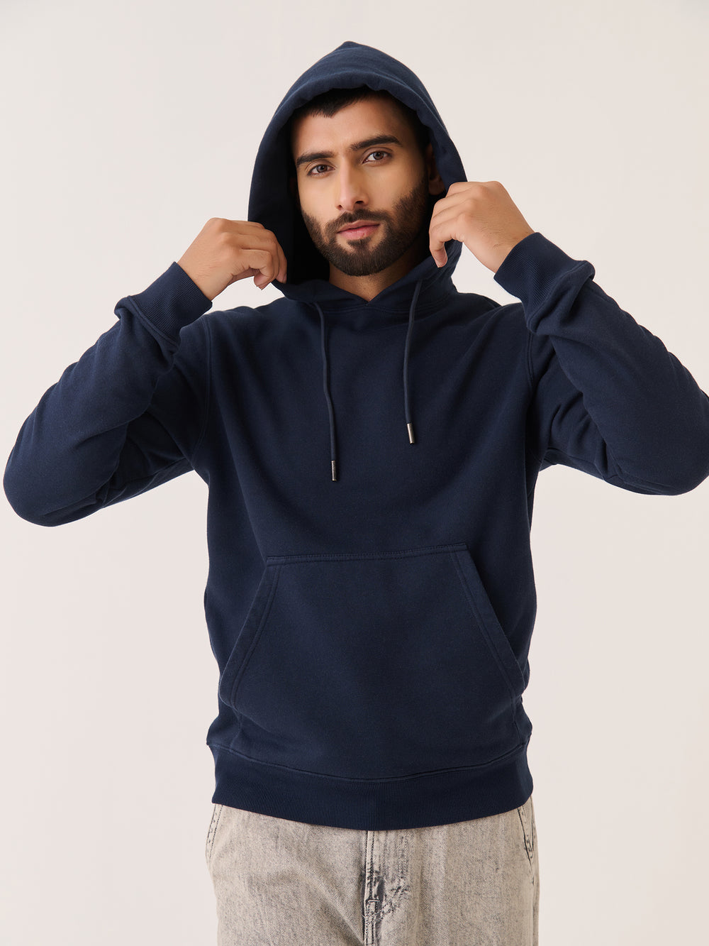 Classic Hoodie in Navy - front view on model
