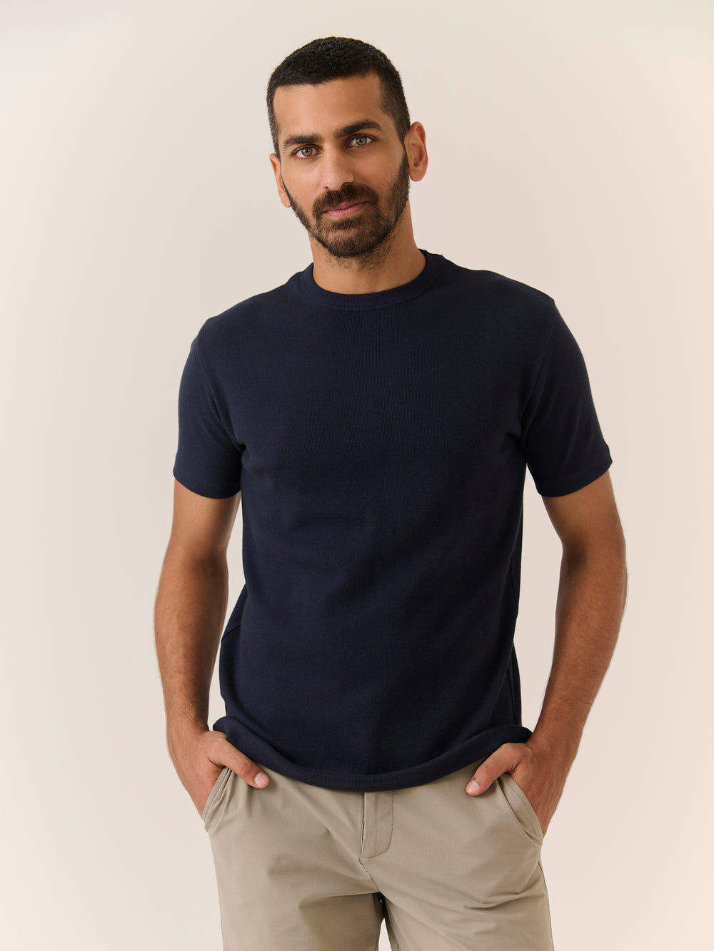 Rib Tee in Navy - front view on model