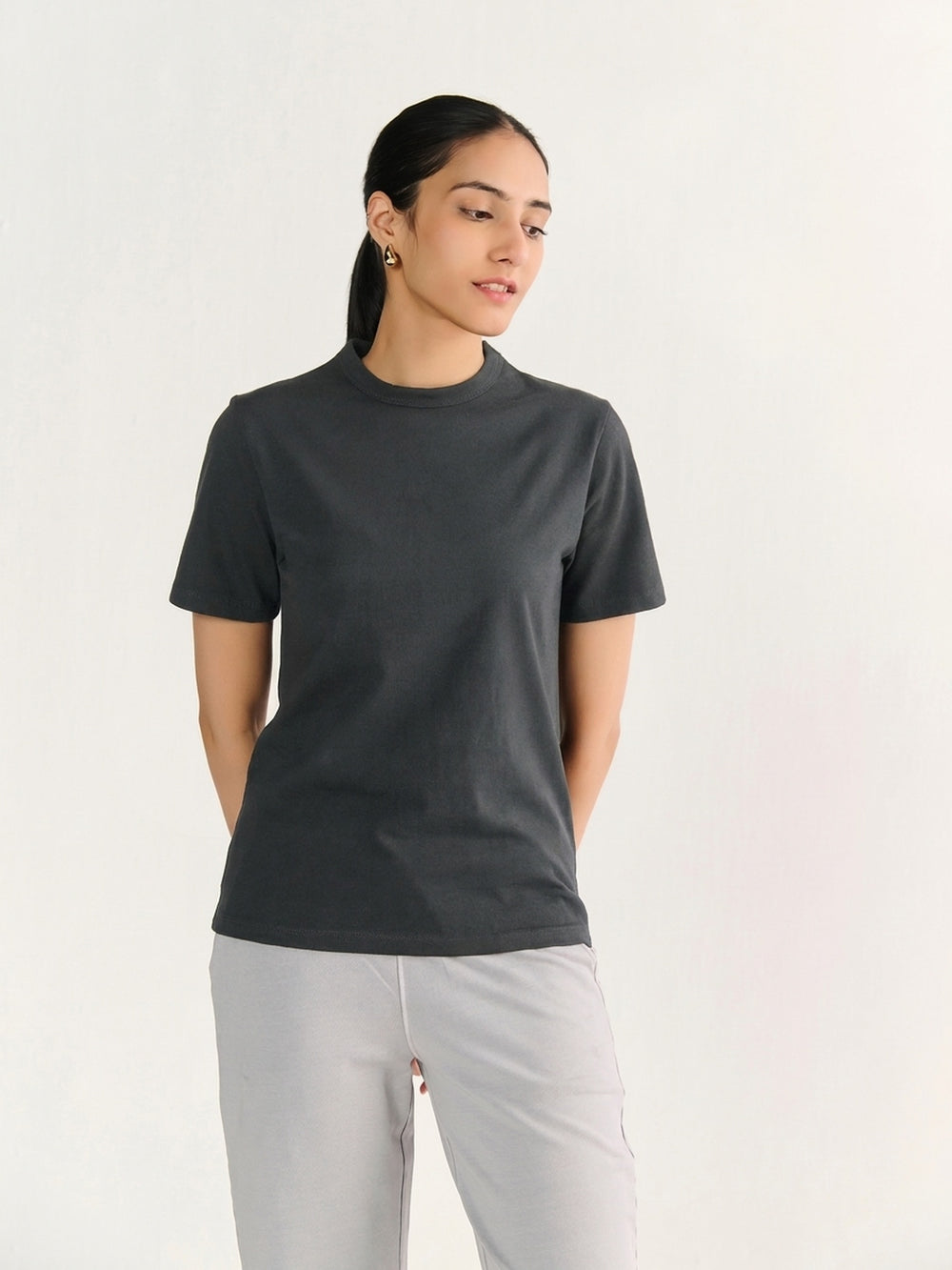 Heavy Short Sleeve Tee in Charcoal - front view on model