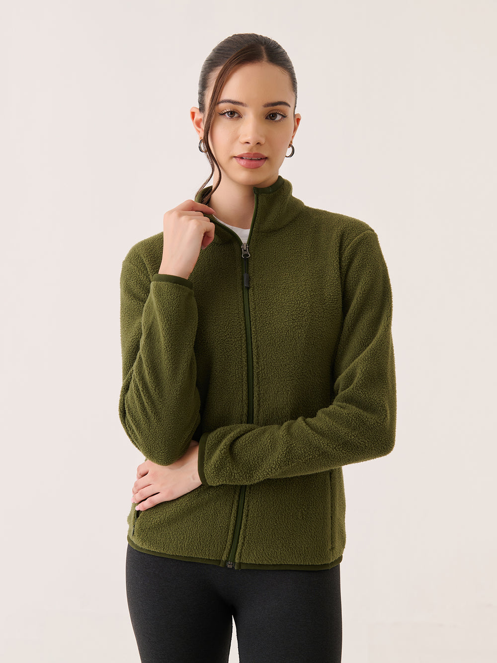 Polar Fleece Zip-up Jacket in Olive - front view on model