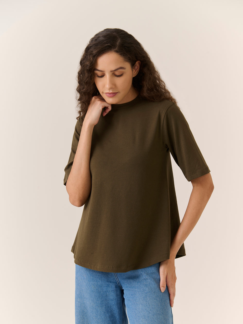 Relaxed A-Line Top in Olive - front view on model