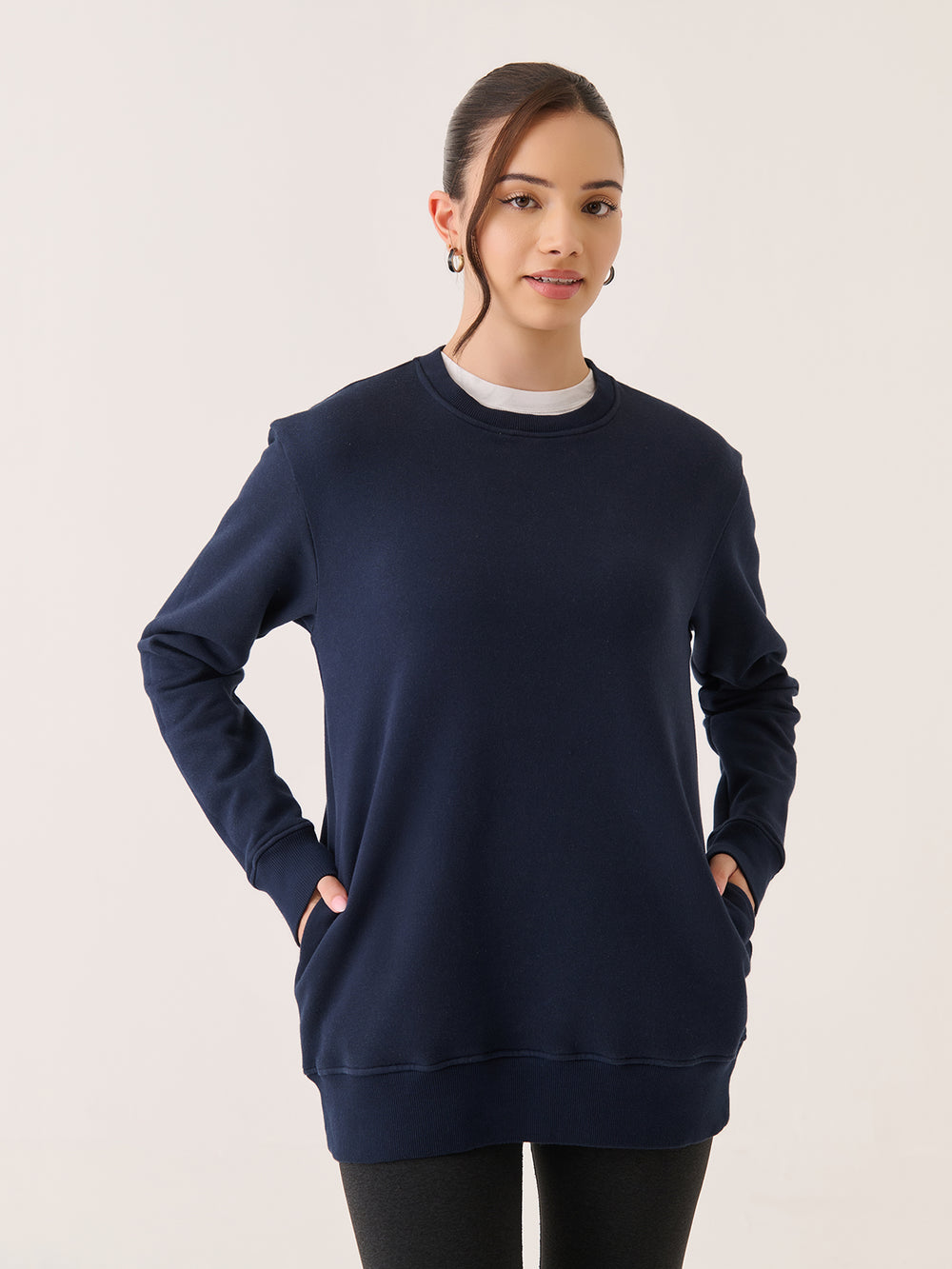 Crew Neck Long Sweatshirt in Navy - front view on model