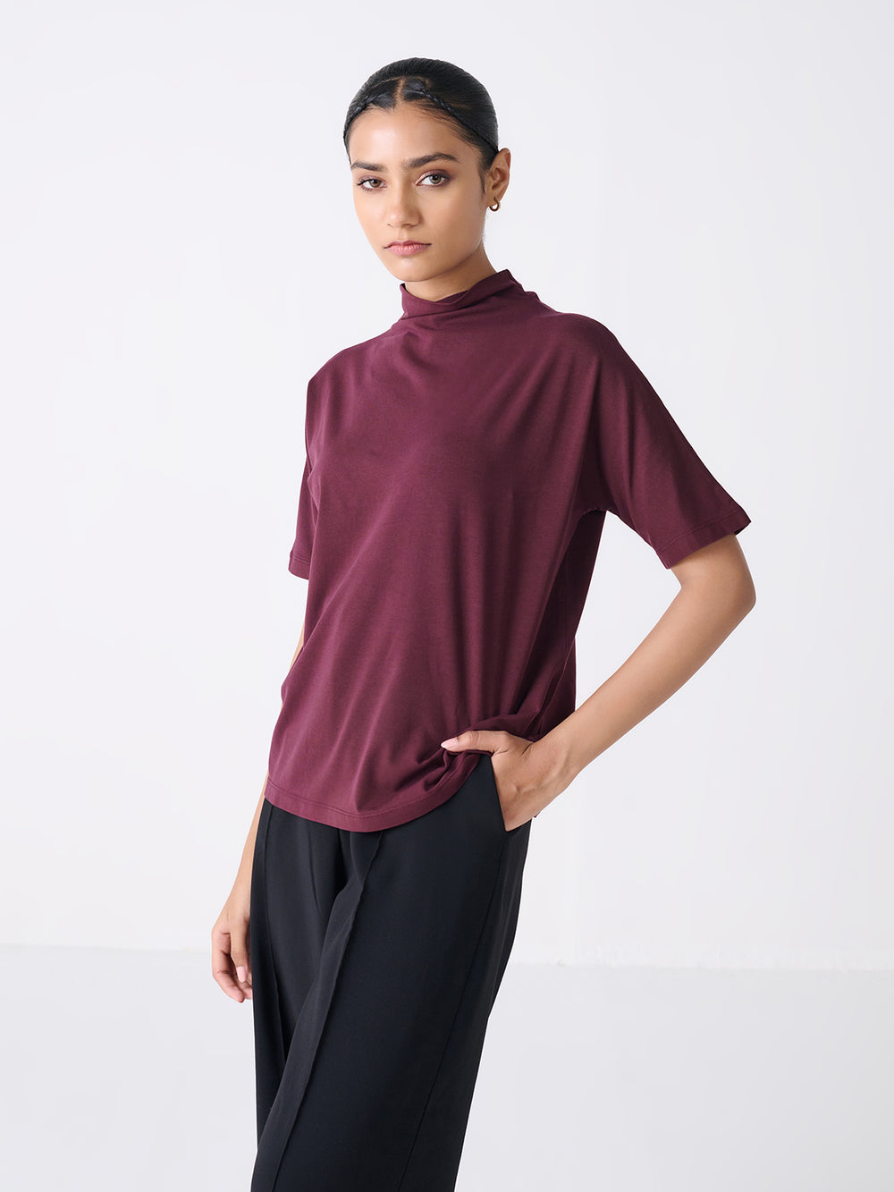 Mock Neck Wing Sleeve in Wine - front view on model
