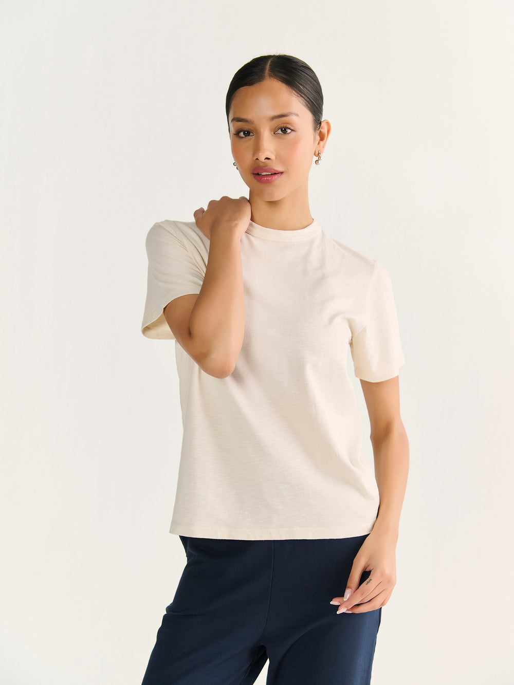 Textured Slub Short Sleeve Tee in Beige - front view on model