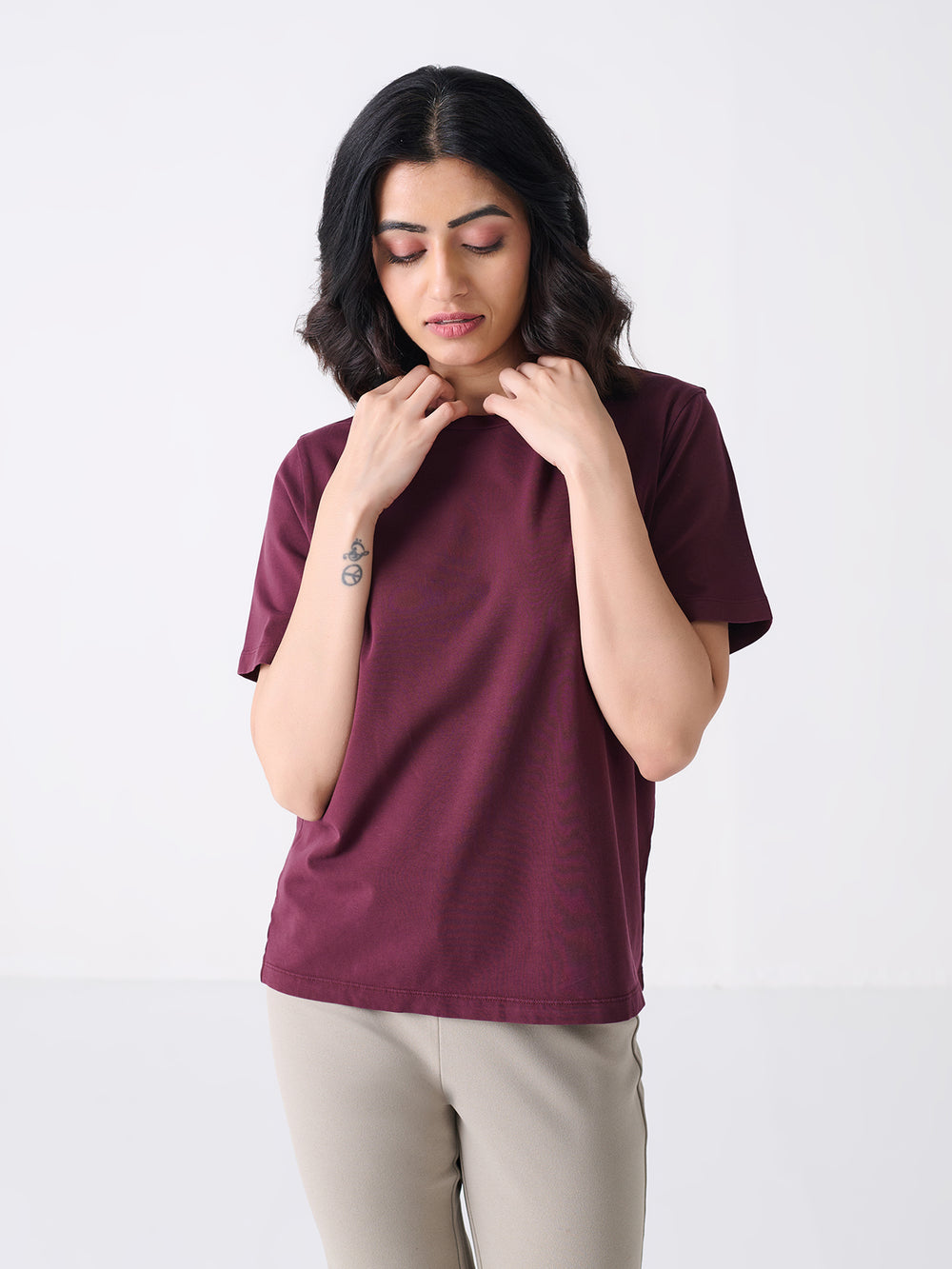 Short Sleeve Tee in Wine - front view on model