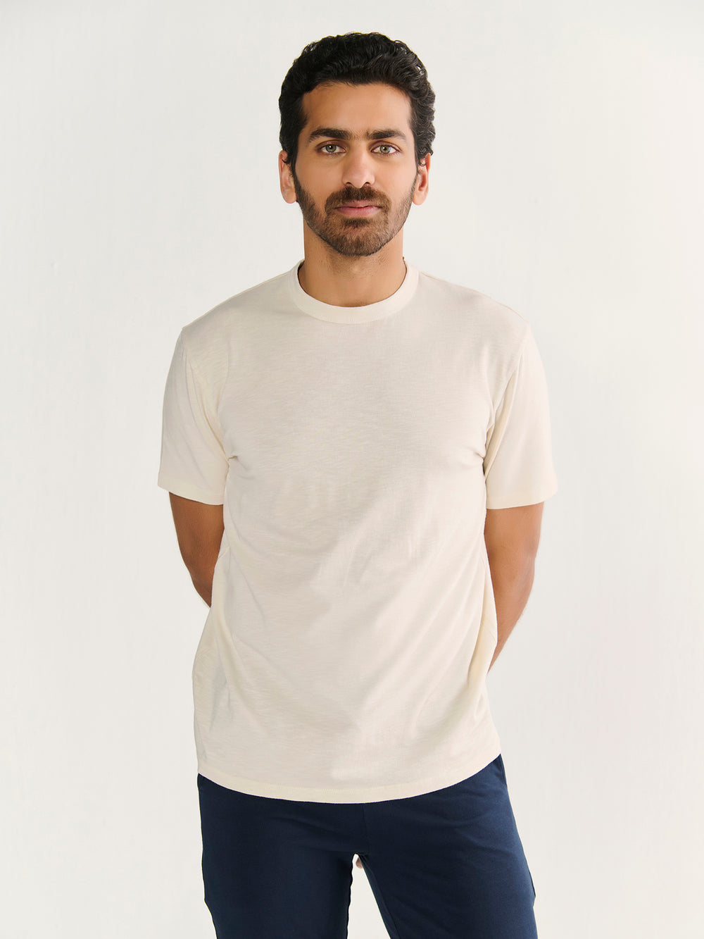 Textured Slub Short Sleeve Tee in Beige - front view on model